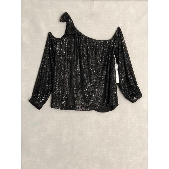 CeCe Women's XL Sequin Bow Long Sleeve One Shoulder Top Black NEW - Picture 1 of 7